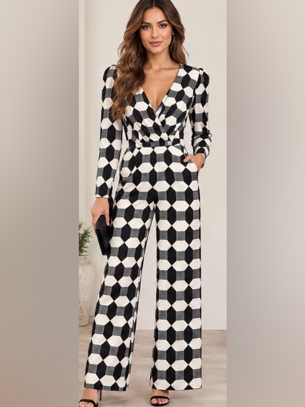 Milk & Honey Geometric Wide Leg Jumpsuit Small Black Ivory NWOT